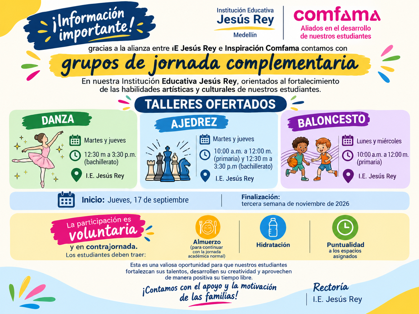 La Institución Educativa Jesús Rey, en alianza con Inspiración Comfama, ofrecerá grupos de jornada complementaria para fortalecer las habilidades artísticas, culturales y deportivas de los estudiantes.
